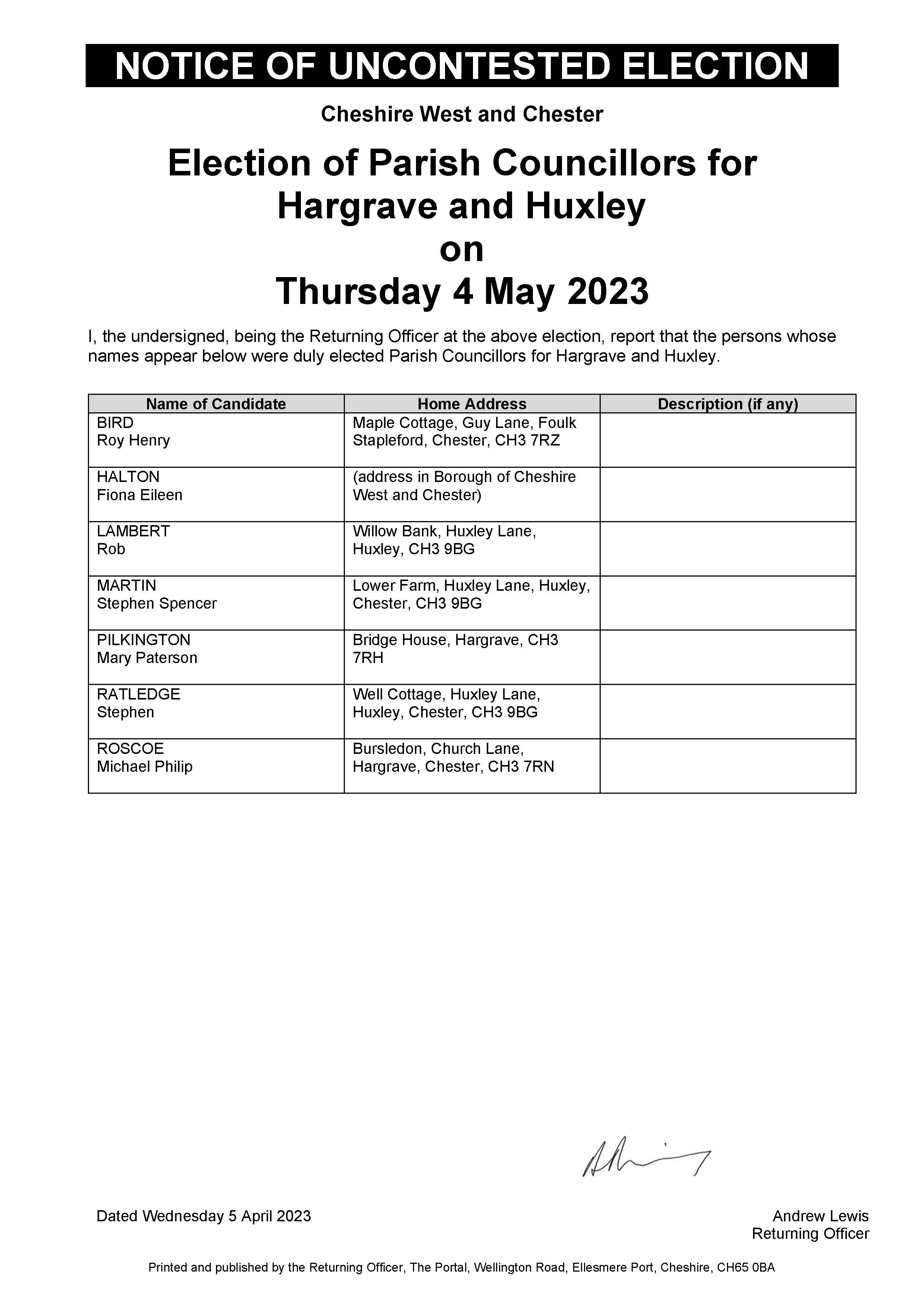 Notice of Uncontested Election - Thursday 4th May 2023